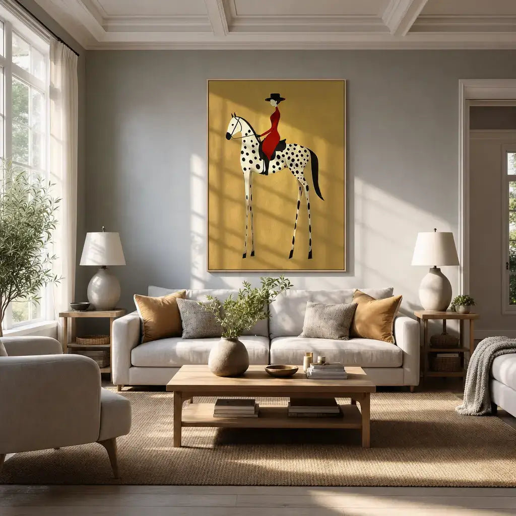 Woman in Red on Dalmatian Horse