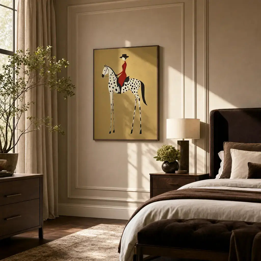 Woman in Red on Dalmatian Horse