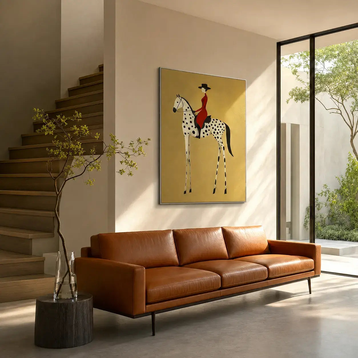 Woman in Red on Dalmatian Horse