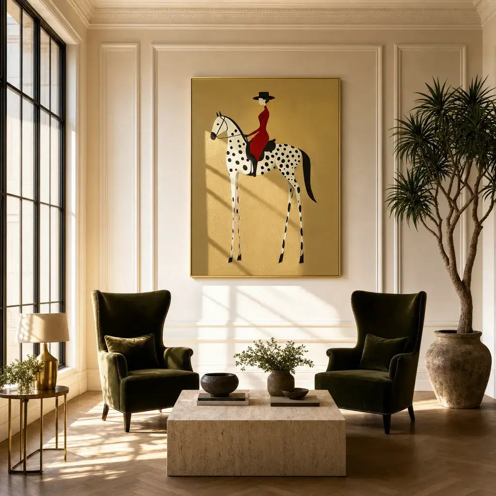 Woman in Red on Dalmatian Horse