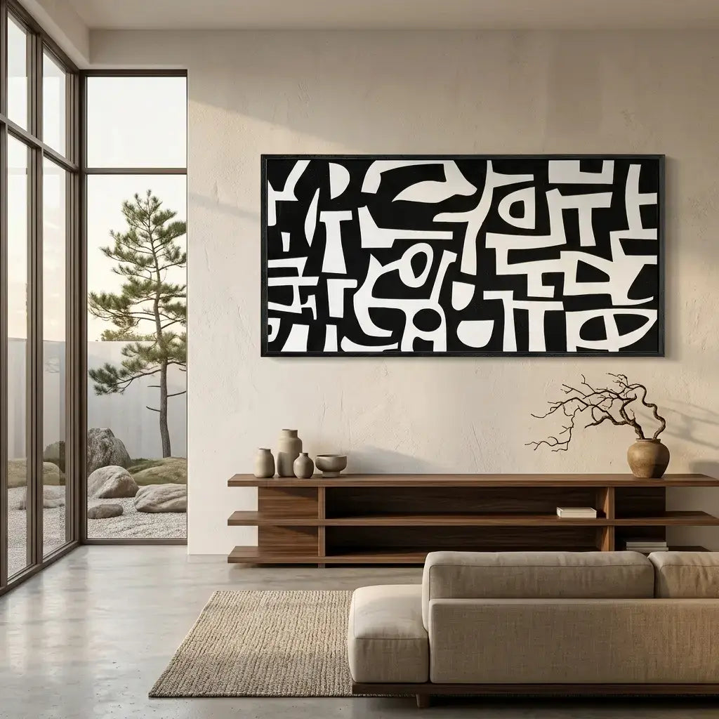 Modern living room with abstract black and white artwork on the wall