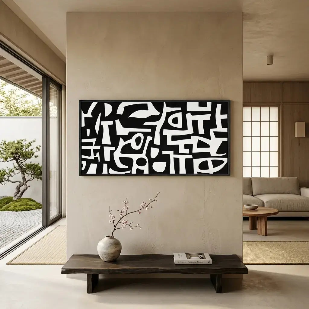 Modern interior with abstract black and white artwork on a beige wall.
