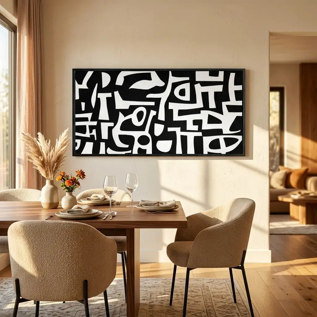 Dining room with a wooden table, chairs, and abstract art on the wall.