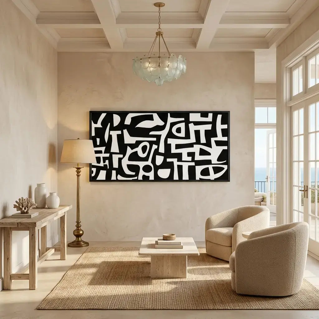 Modern living room with abstract art on the wall, beige armchair, and wooden coffee table.
