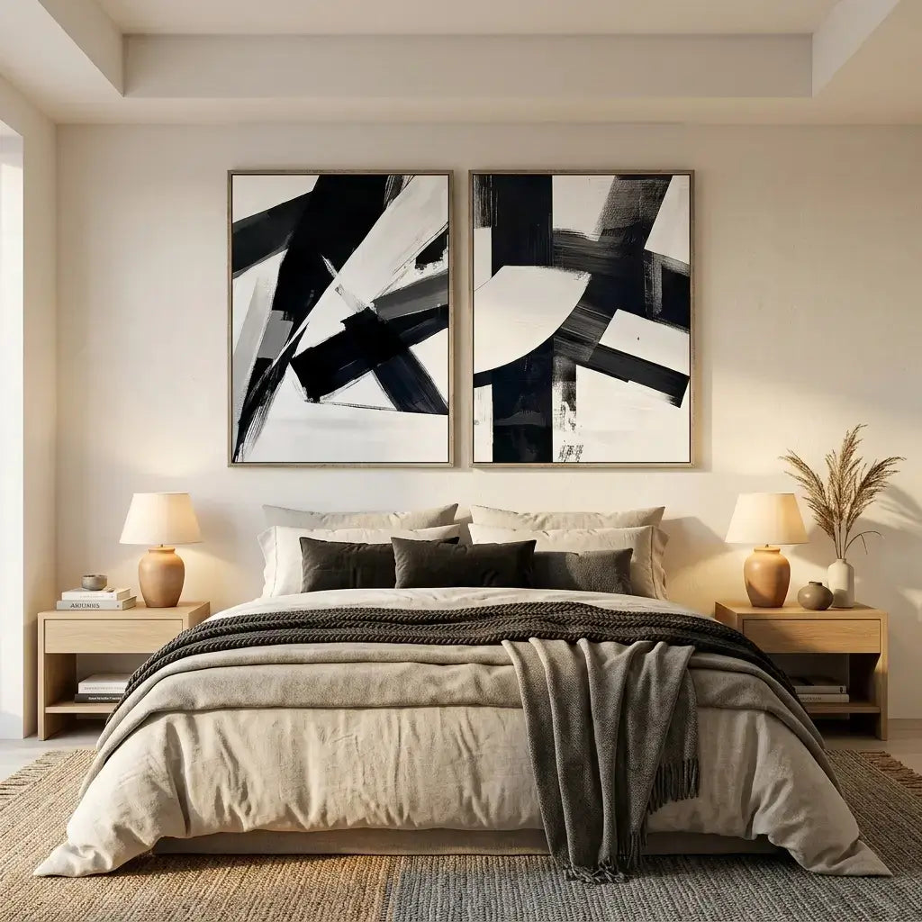 Modern bedroom with abstract art on the wall, bed, and side tables.