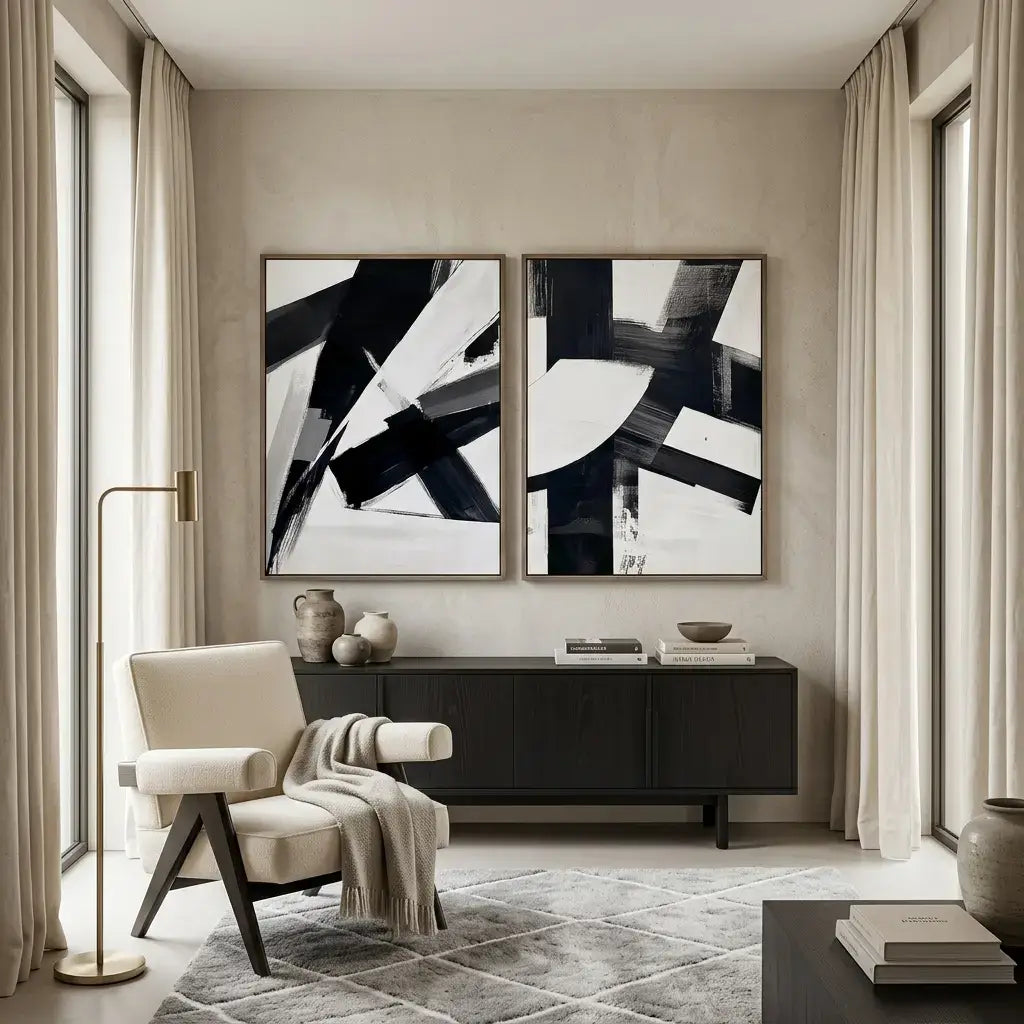 Modern living room with abstract art on the wall and a chair.