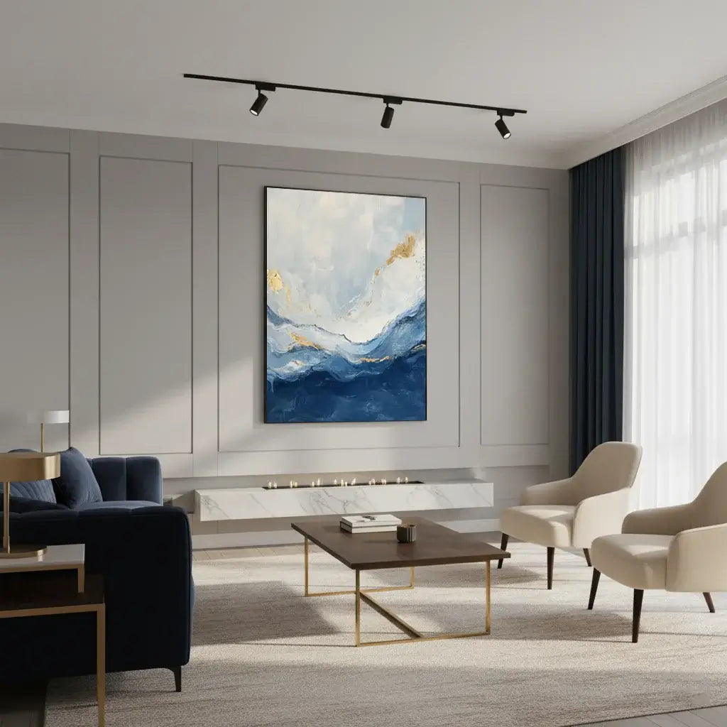 Modern living room with abstract painting, sofa, and chairs.