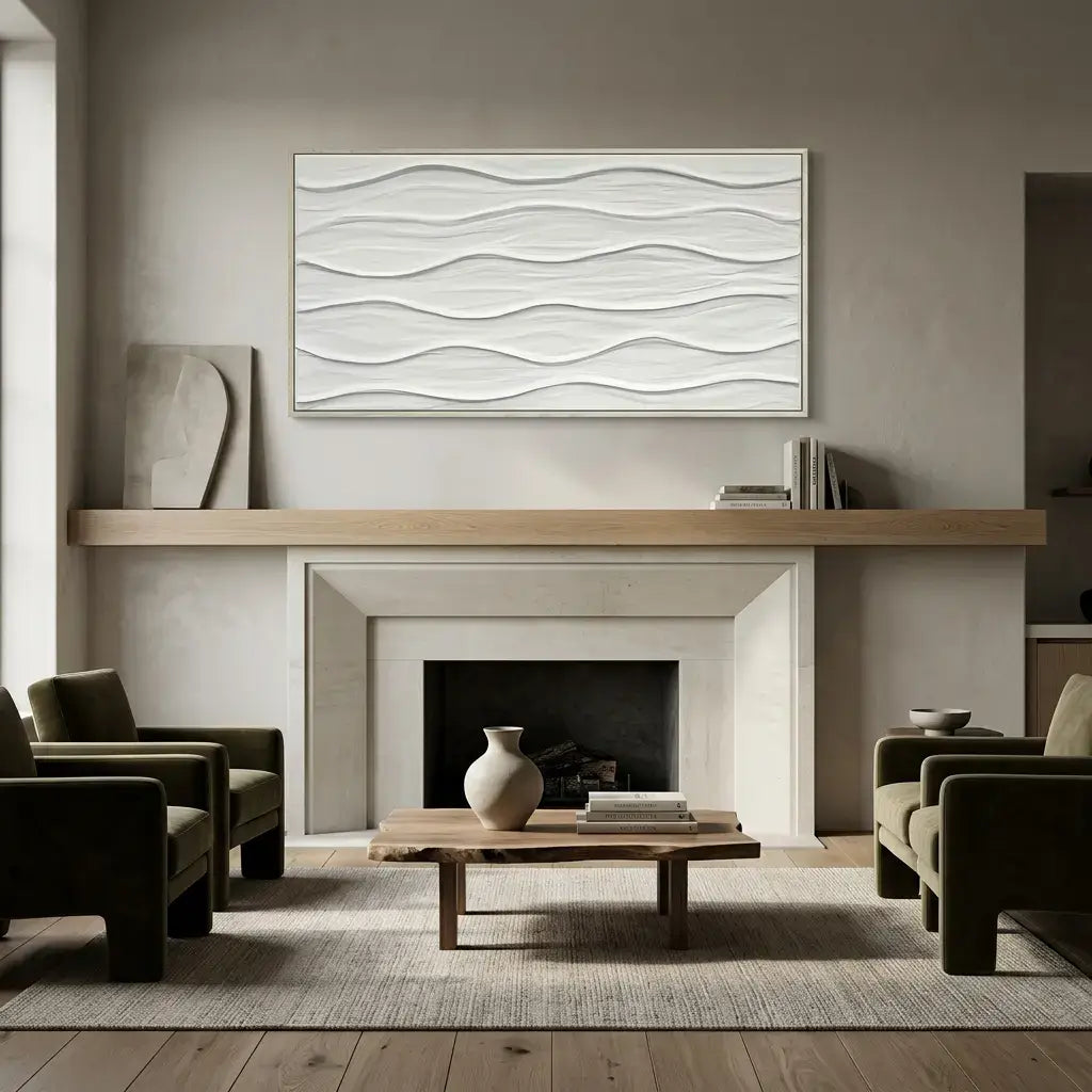 Modern living room with a fireplace, coffee table, and abstract wall art.