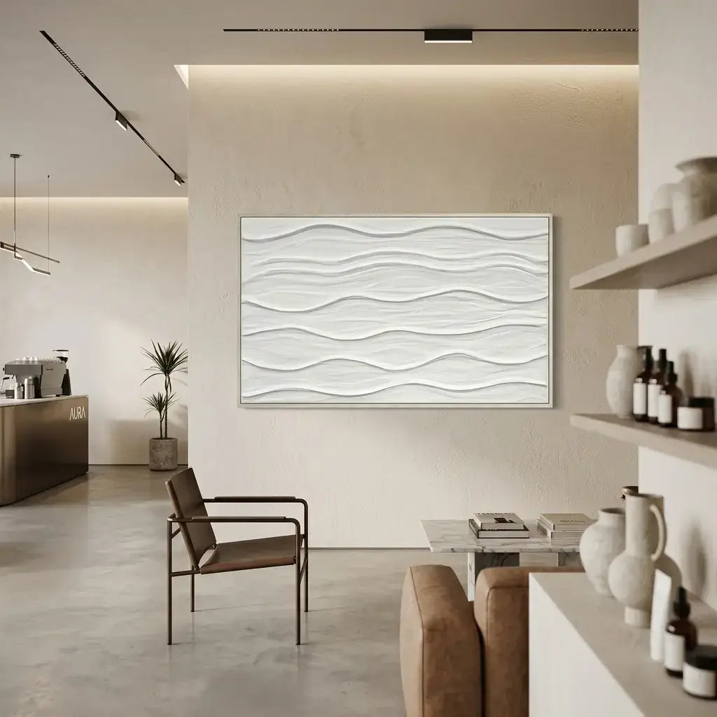 Modern interior with a wavy abstract painting on the wall, a chair, and shelves with decorative items.