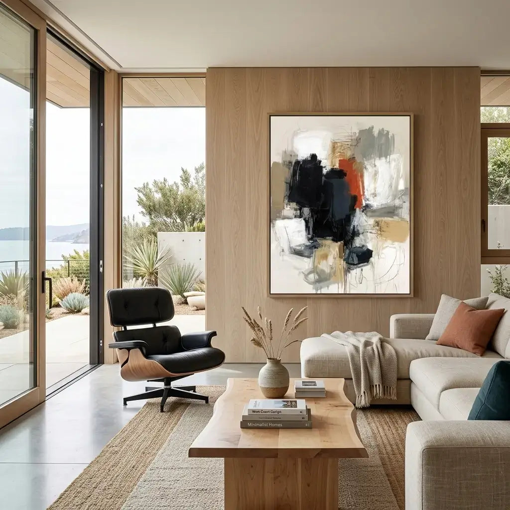 Modern living room with a abstract painting on the wall, a sofa, coffee table, and armchair.