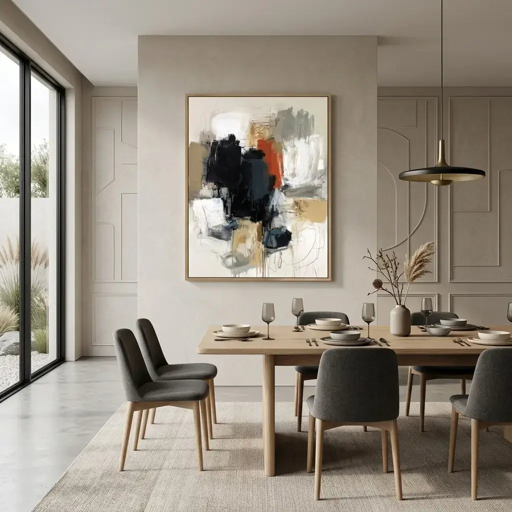 Modern dining room with abstract art on the wall