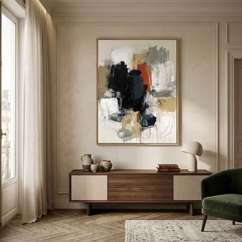 Modern living room with abstract art, wooden cabinet, and green sofa.