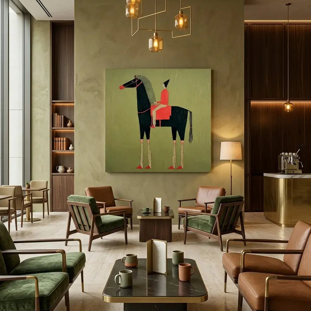 Modern interior with a painting of a horse and rider on a green wall.