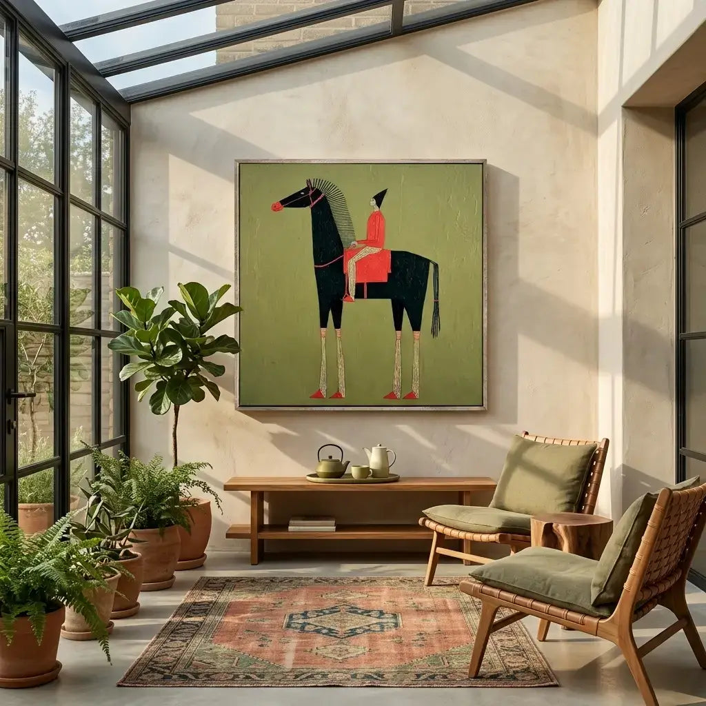 Living room with a horse painting on the wall, chairs, and plants.