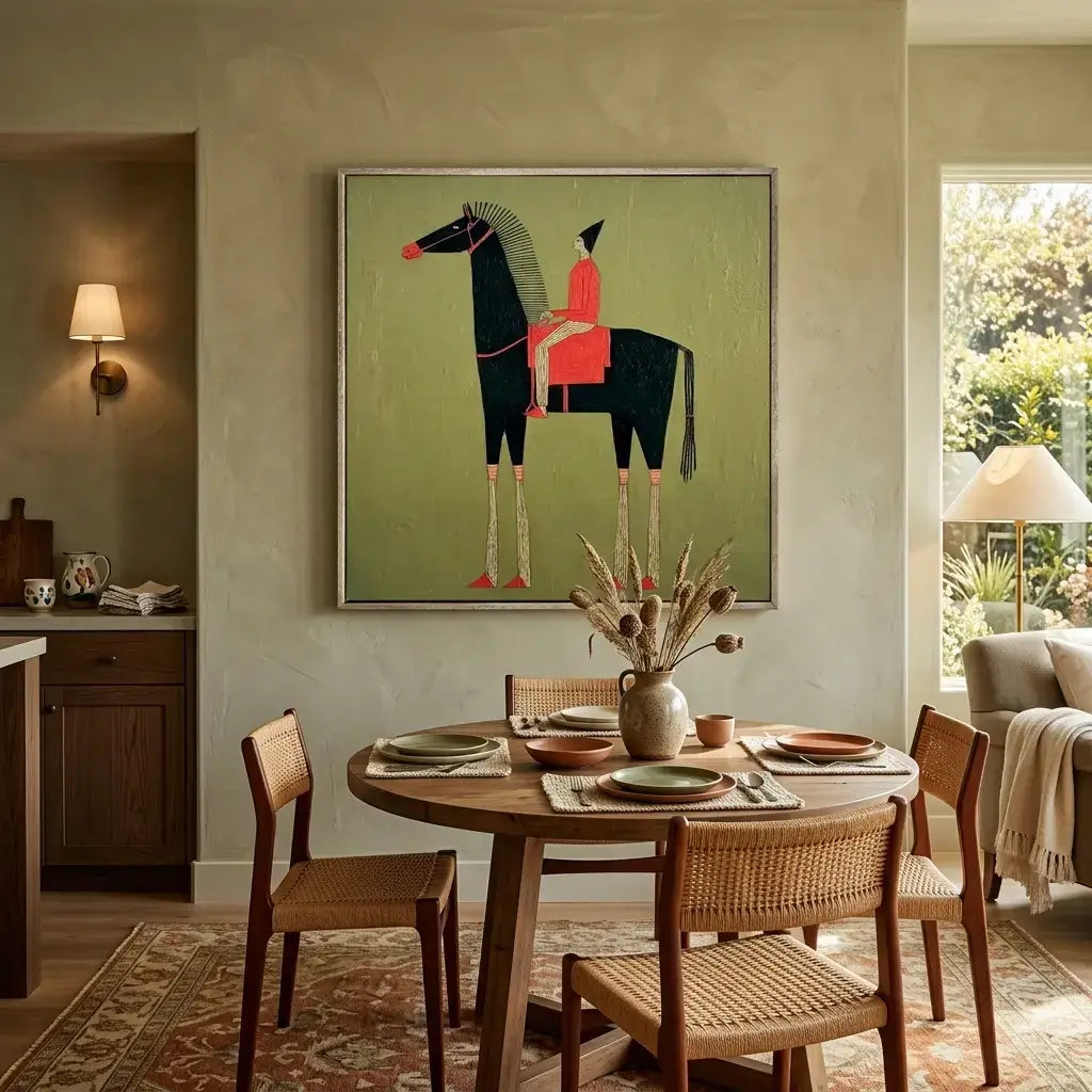 Dining room with a round wooden table and chairs, featuring a large framed artwork of a horse and rider on the wall.