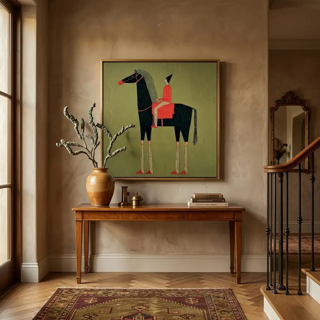 Room interior with a painting of a horse on the wall above a wooden table.