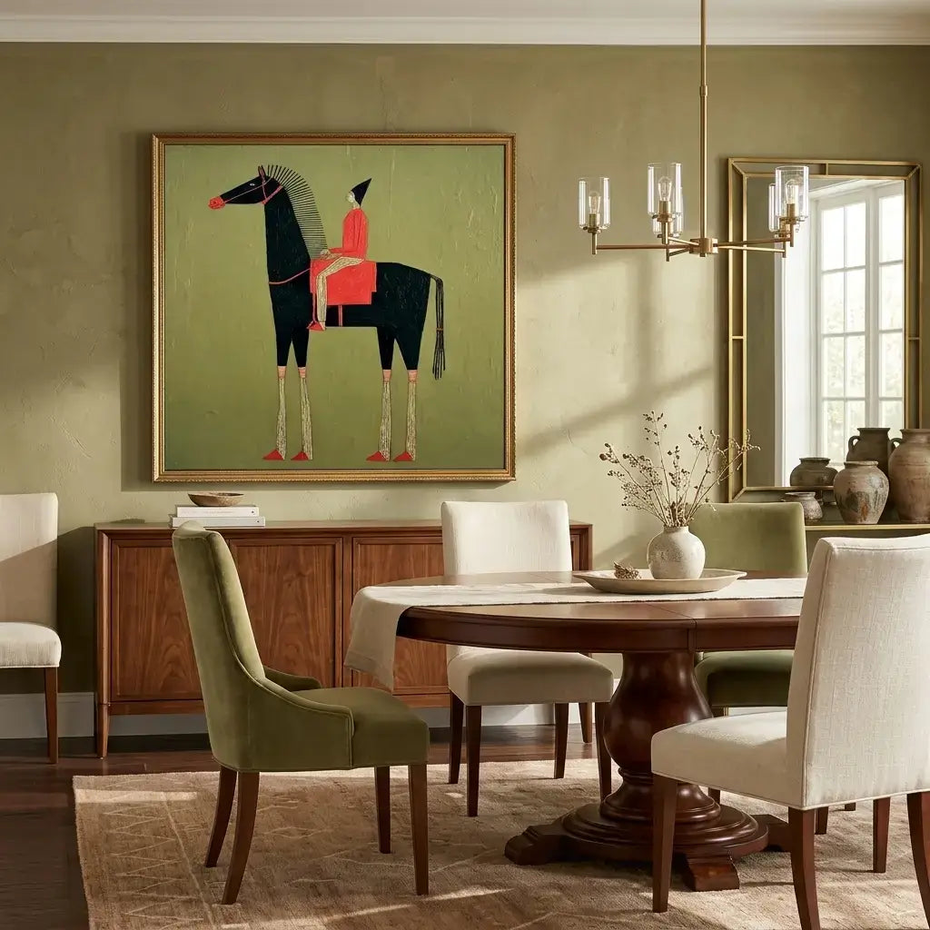 Dining room with a horse painting on the wall, wooden table, and chairs.