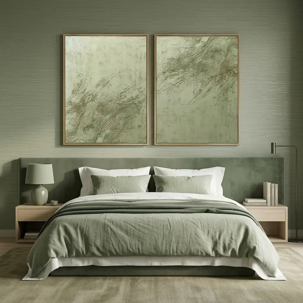 Bedroom with green bedding and abstract wall art on a green wall.