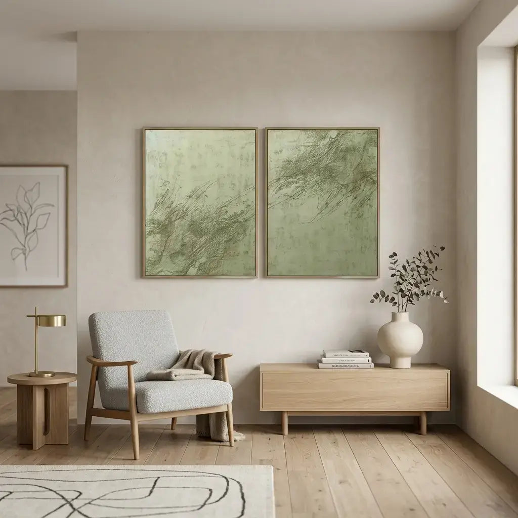 Modern living room with a gray armchair, wooden side table, and decorative elements.