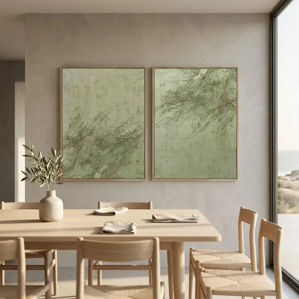 Dining room with a wooden table and chairs, featuring two green abstract paintings on the wall.