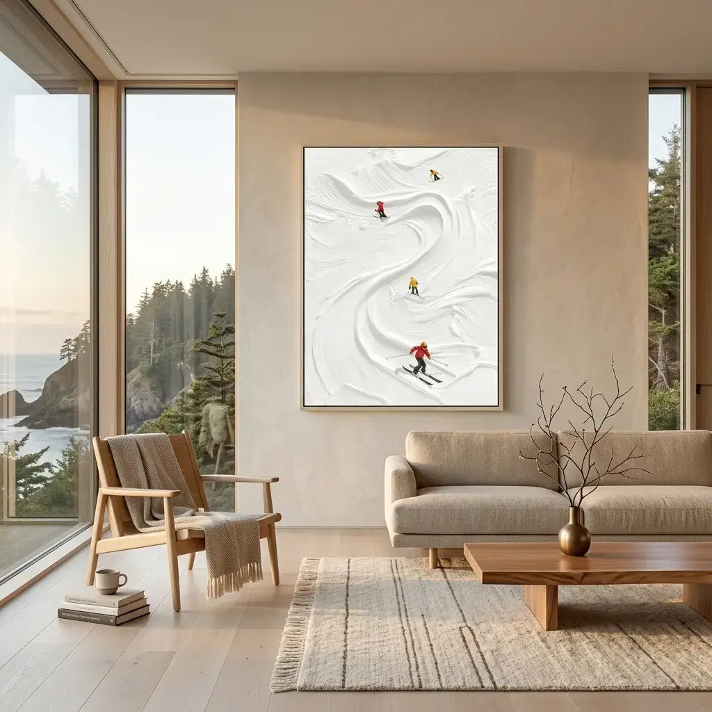 Modern living room with a large abstract painting on the wall, featuring skiers.
