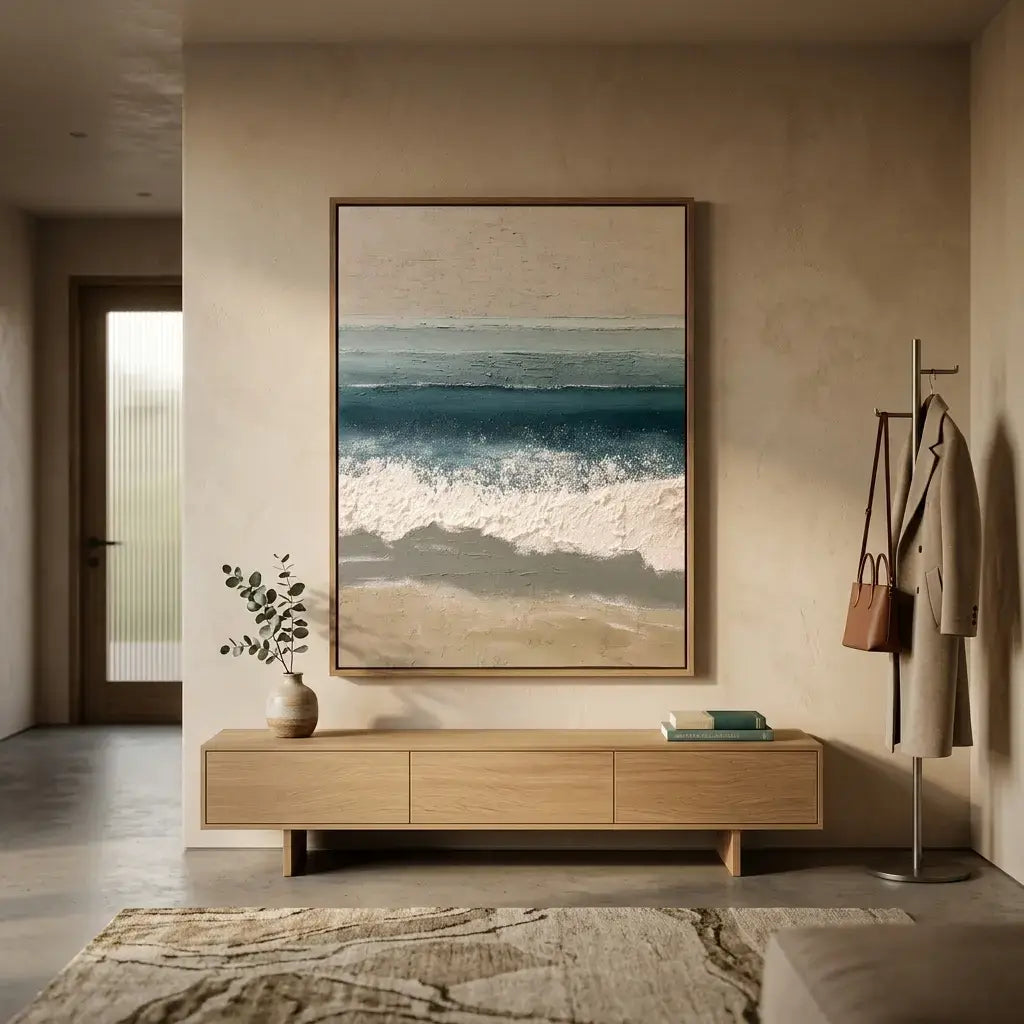Modern interior with a large framed artwork of an ocean scene, wooden console table, and coat rack.