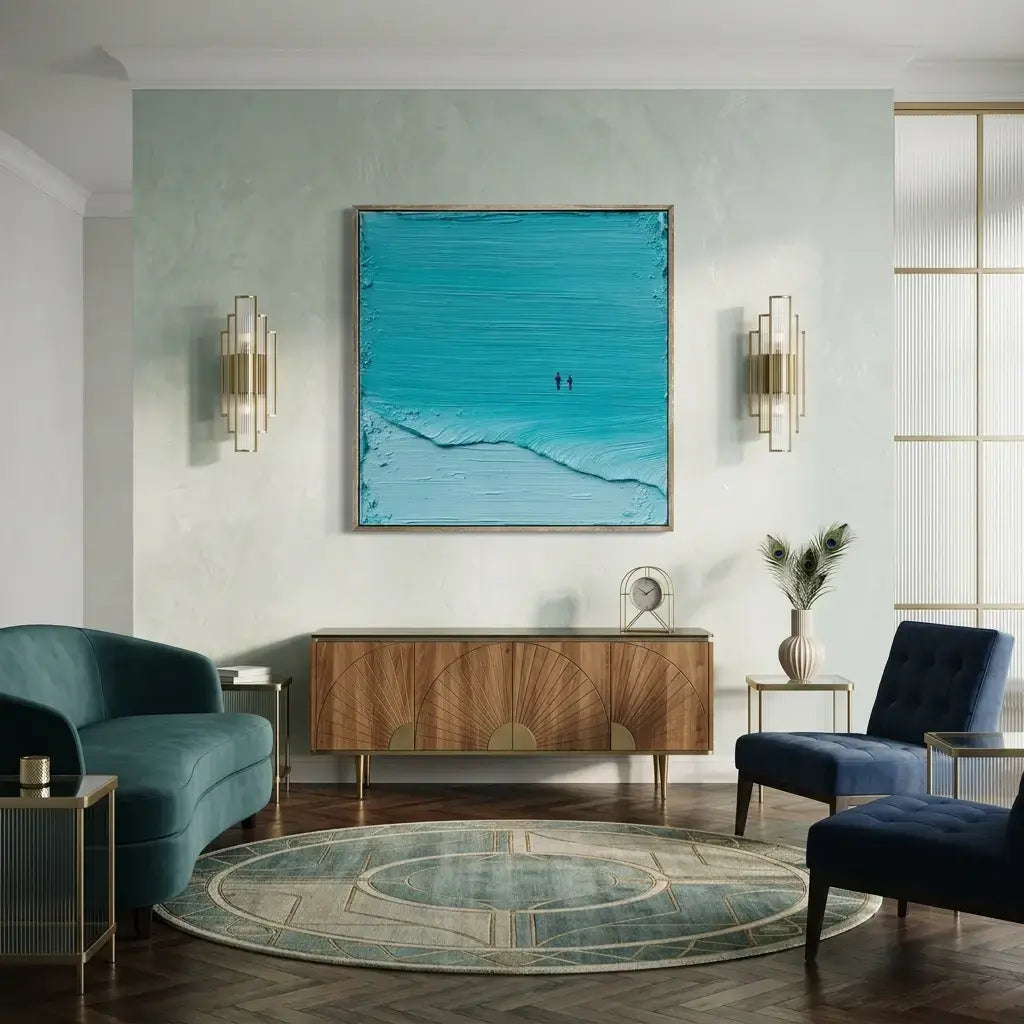 Modern living room with a large blue abstract painting on the wall, green sofa, and wooden cabinet.
