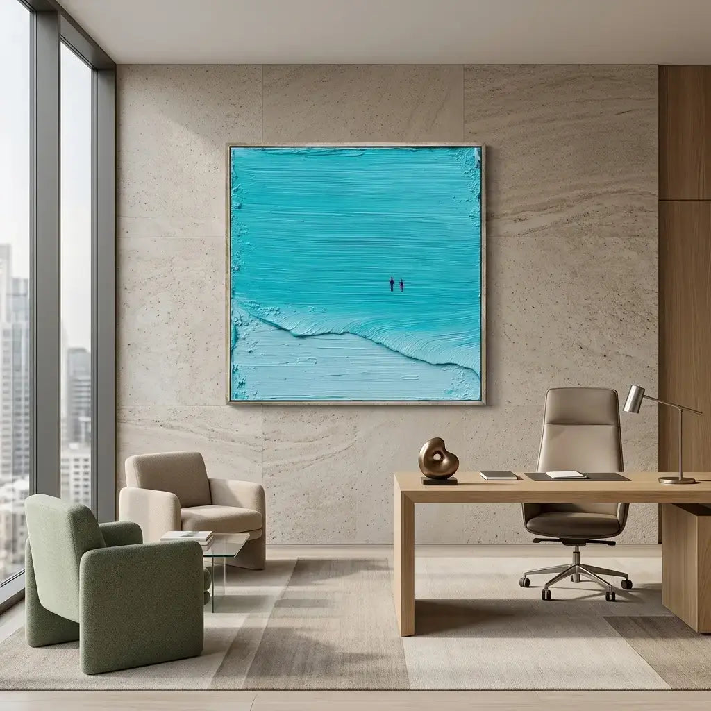 Modern office interior with a large blue abstract painting on the wall.