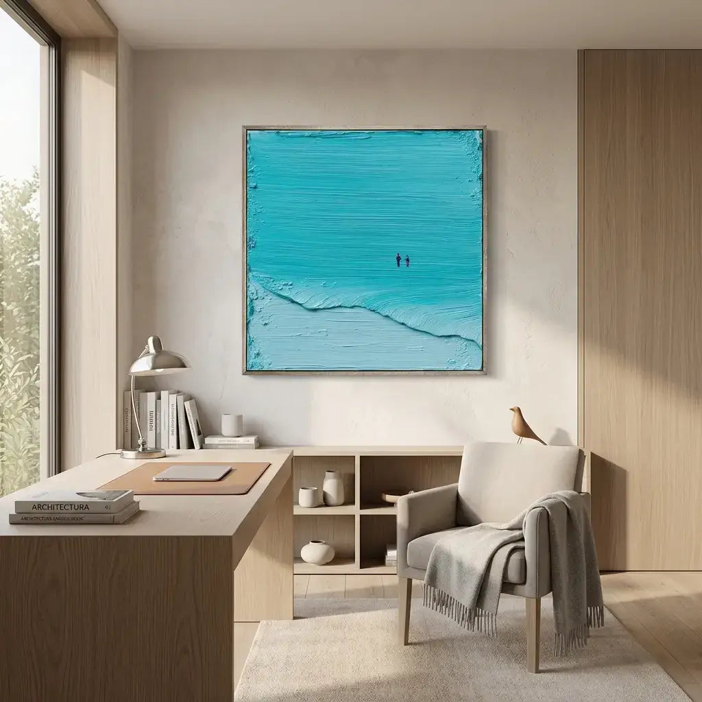 Modern office interior with a desk, chair, and abstract blue artwork on the wall.