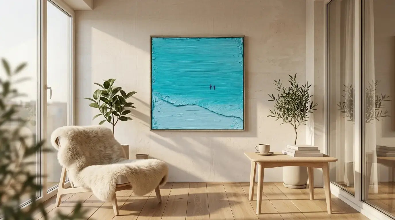 Modern living room with a large blue abstract painting on the wall.