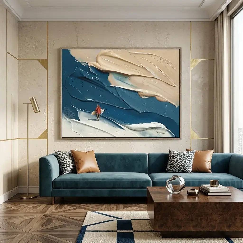 Modern living room with a blue sofa, abstract painting, and decorative items.