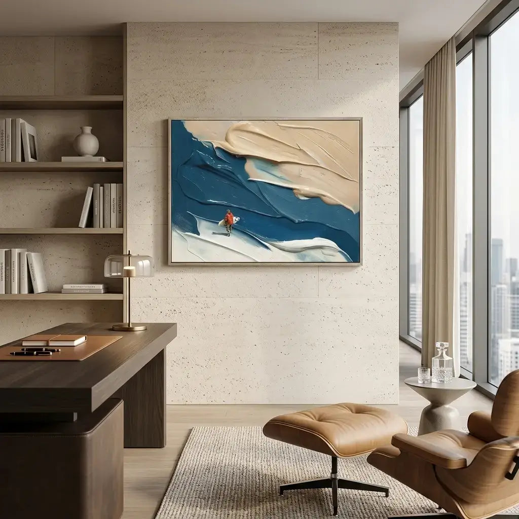 Modern home office with a desk, chair, and abstract painting on the wall.