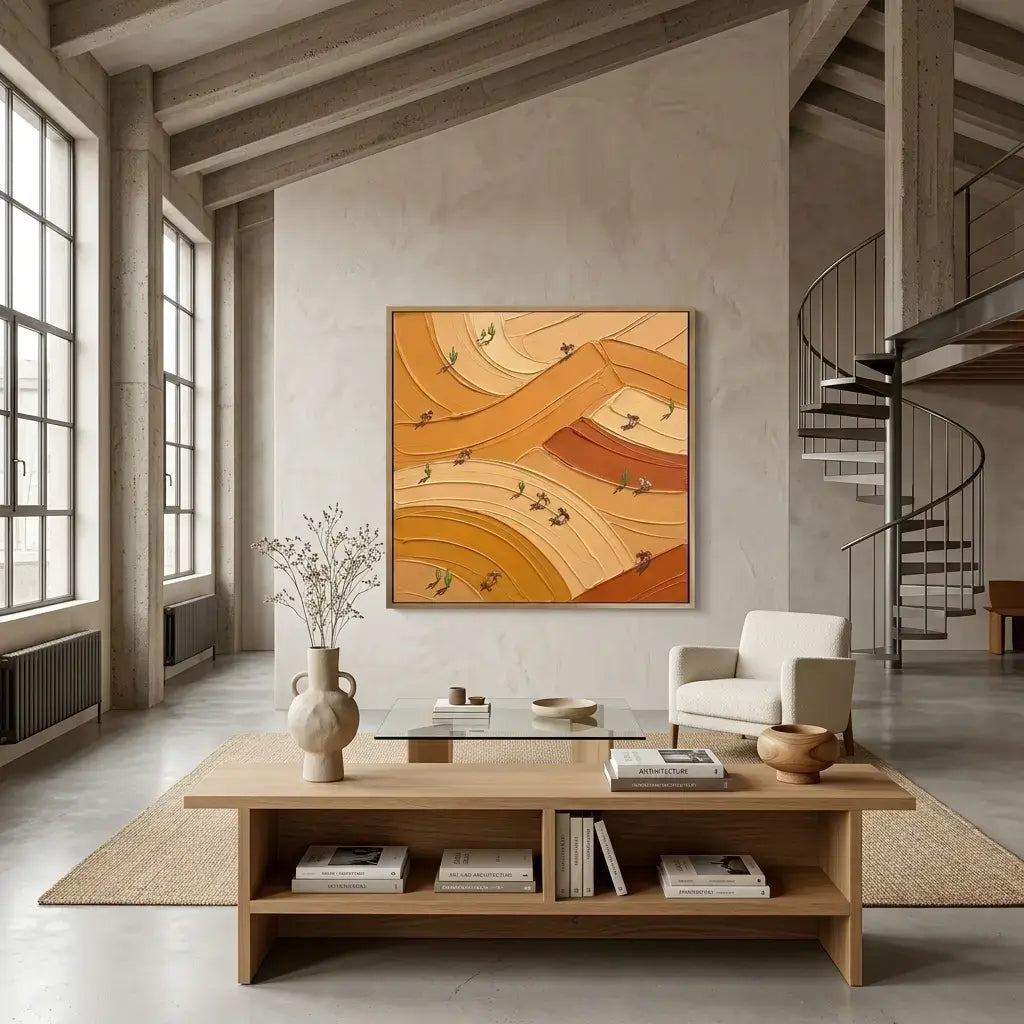 Modern living room with wooden coffee table, white armchair, and abstract artwork on the wall.