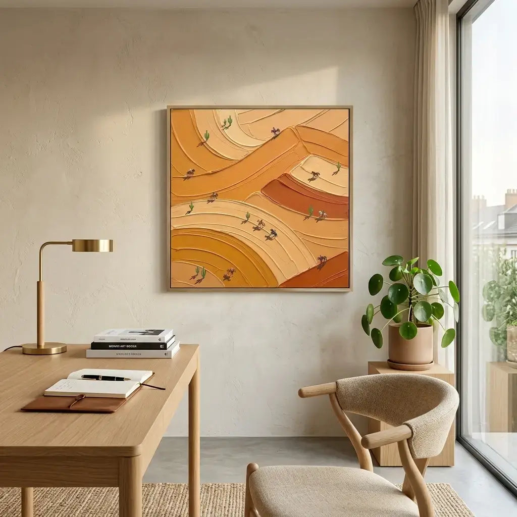 Modern home office with a desk, chair, lamp, and abstract wall art.