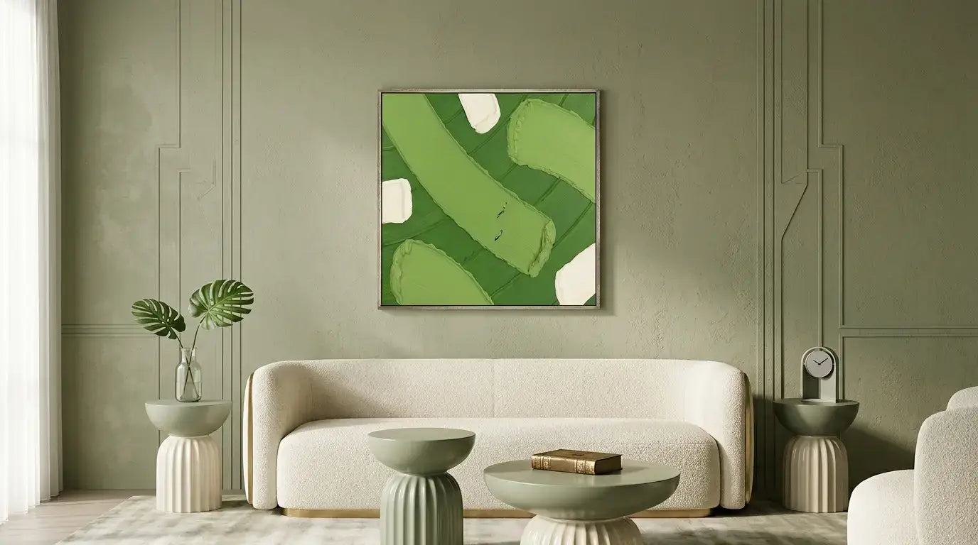 Modern living room with a beige sofa, abstract green painting, and decorative items.