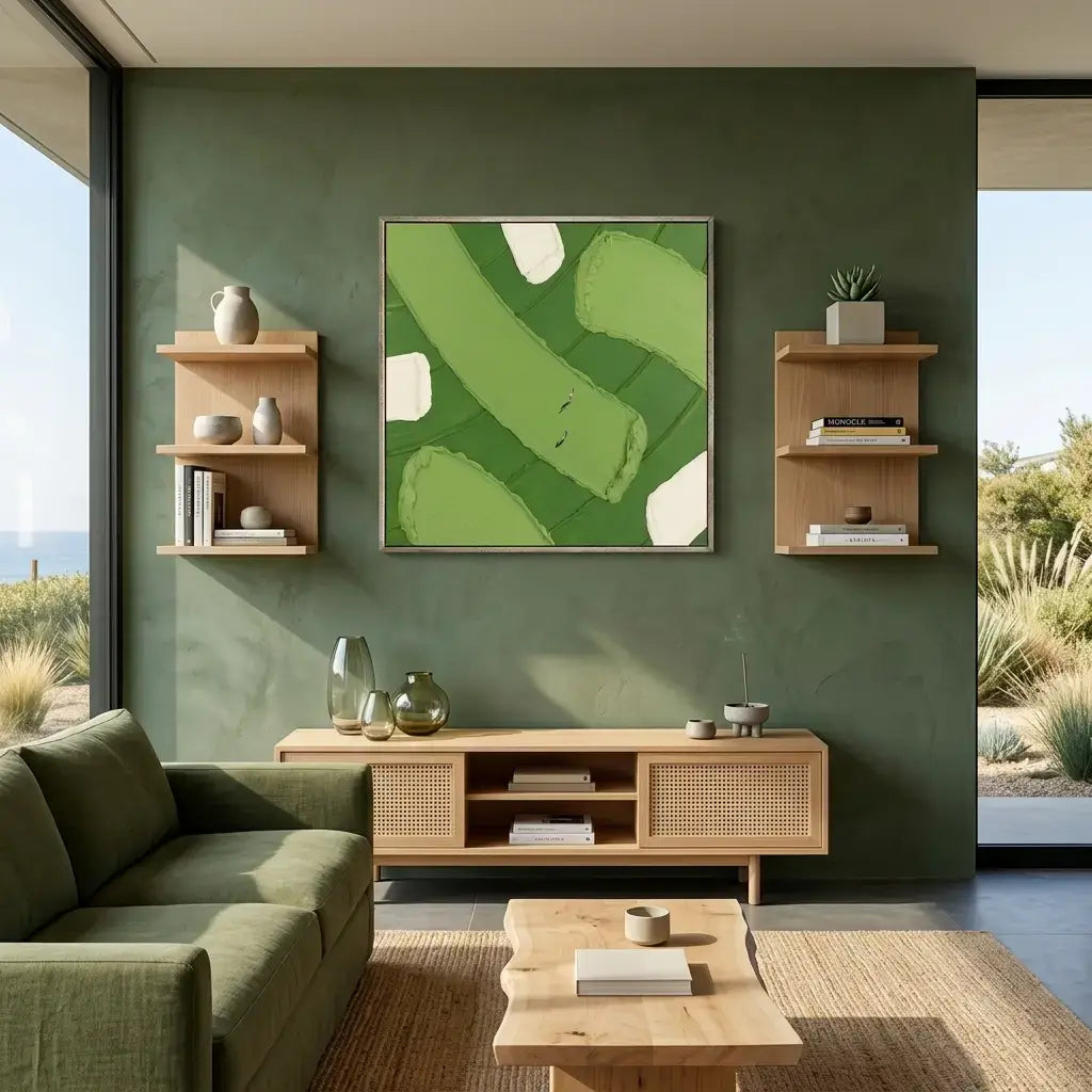 Modern living room with green walls, wooden furniture, and a large window.