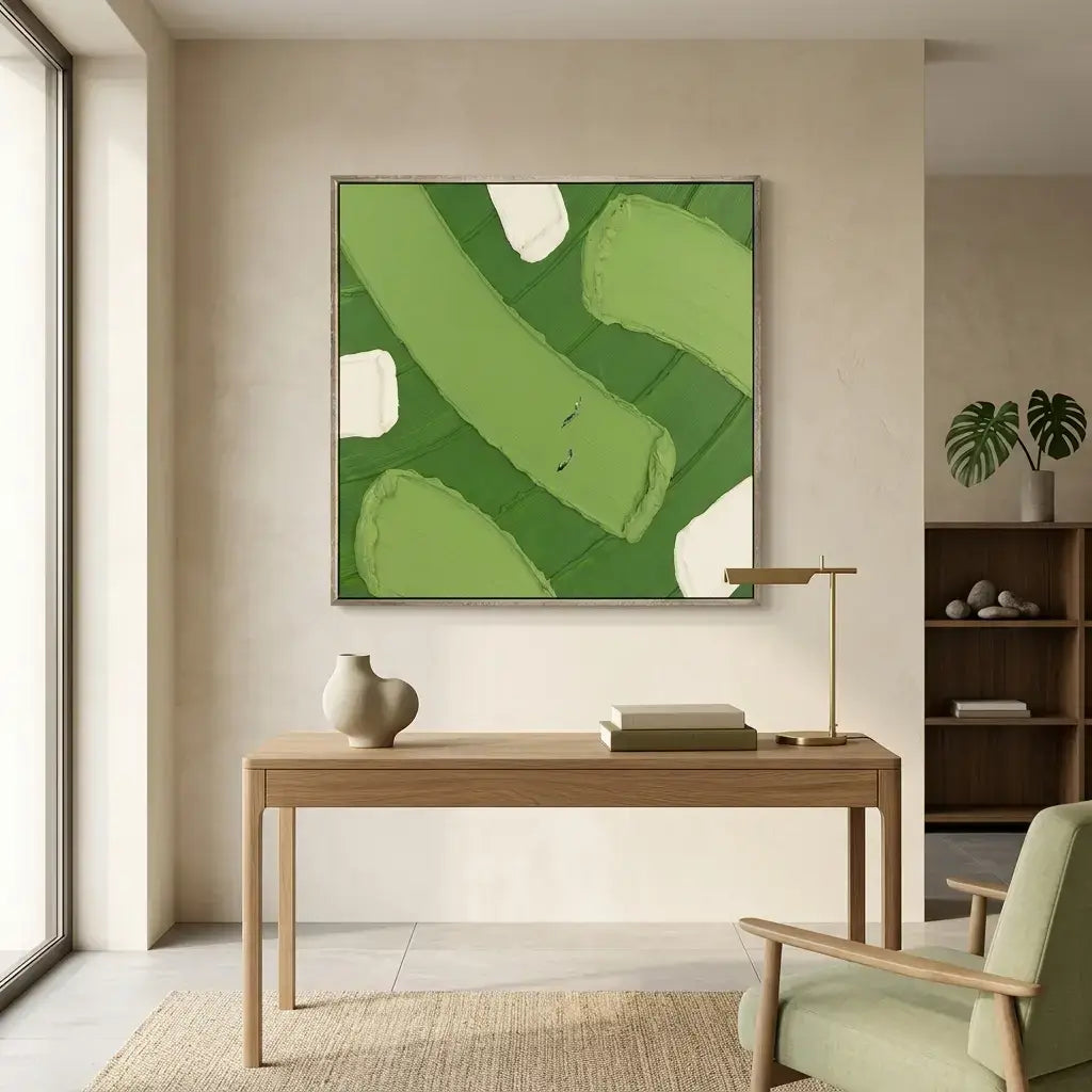 Modern interior with a desk, chair, and abstract green artwork on the wall.