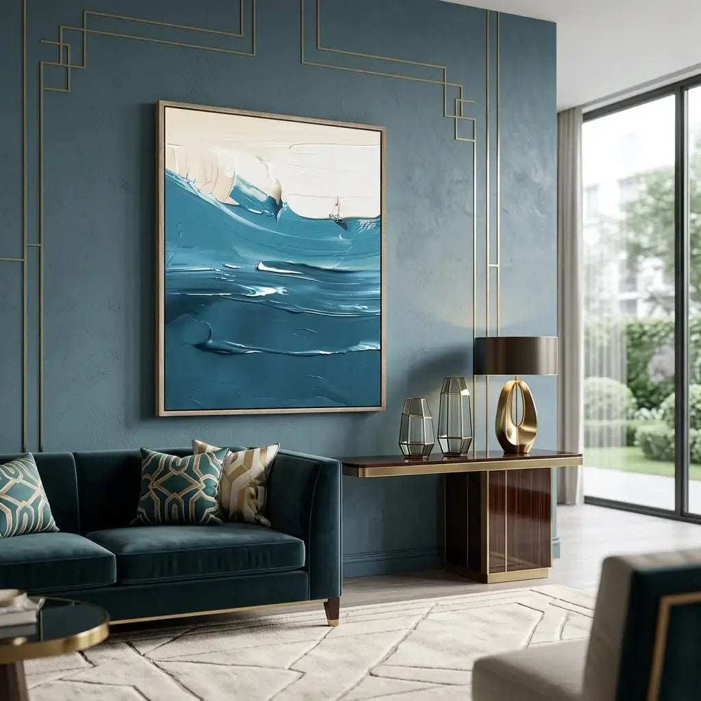 Modern living room with teal walls, a blue abstract painting, and a dark green sofa.