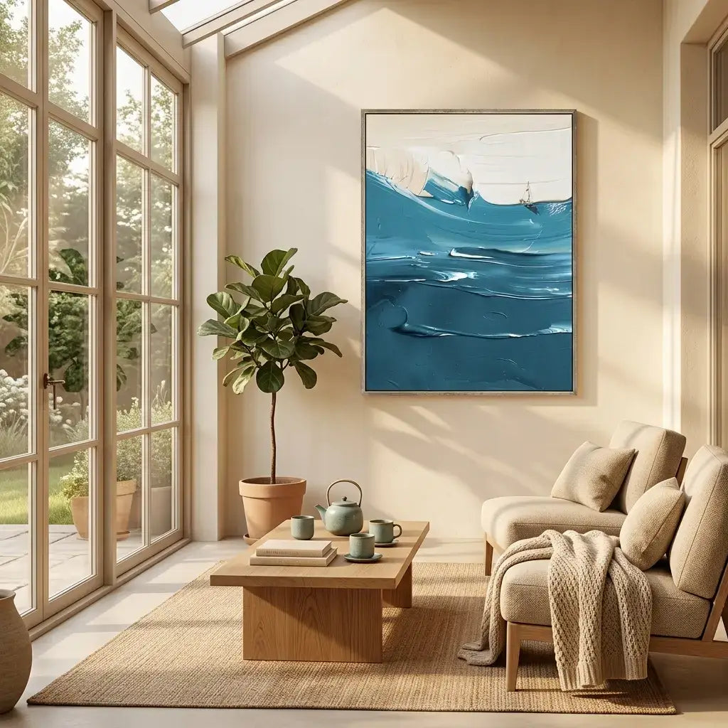 Modern living room with a large abstract painting of water, a sofa, coffee table, and decorative items.