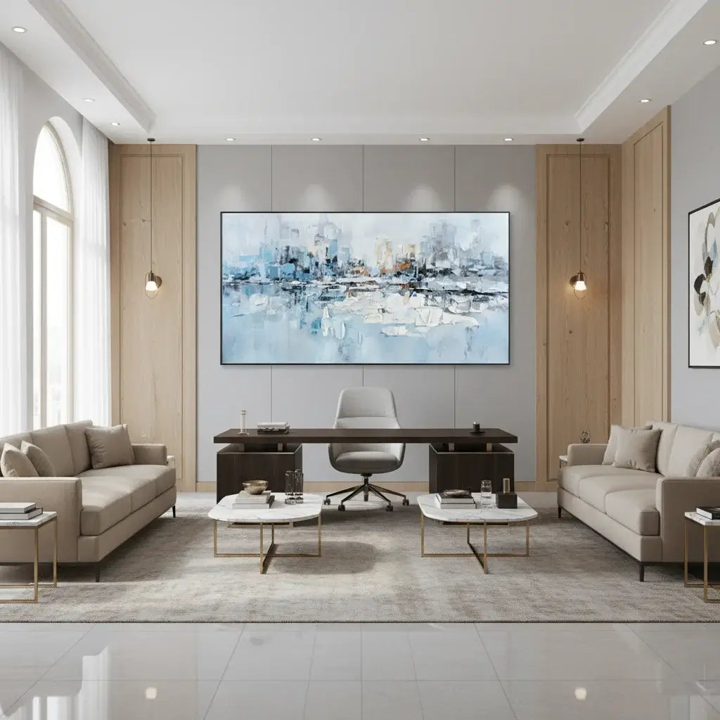 Modern office interior with a large abstract painting on the wall, beige sofas, and a desk.