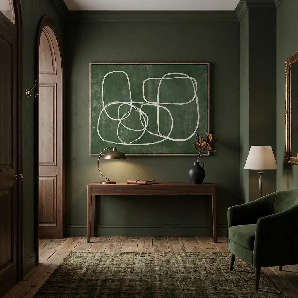 Modern interior with abstract wall art, wooden table, and green sofa.