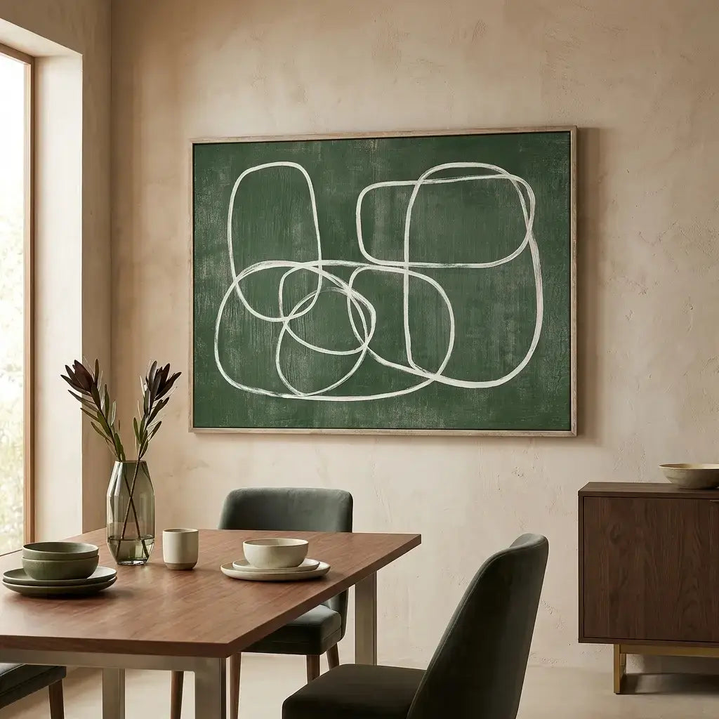 Dining room with a wooden table, chairs, and abstract art on the wall.