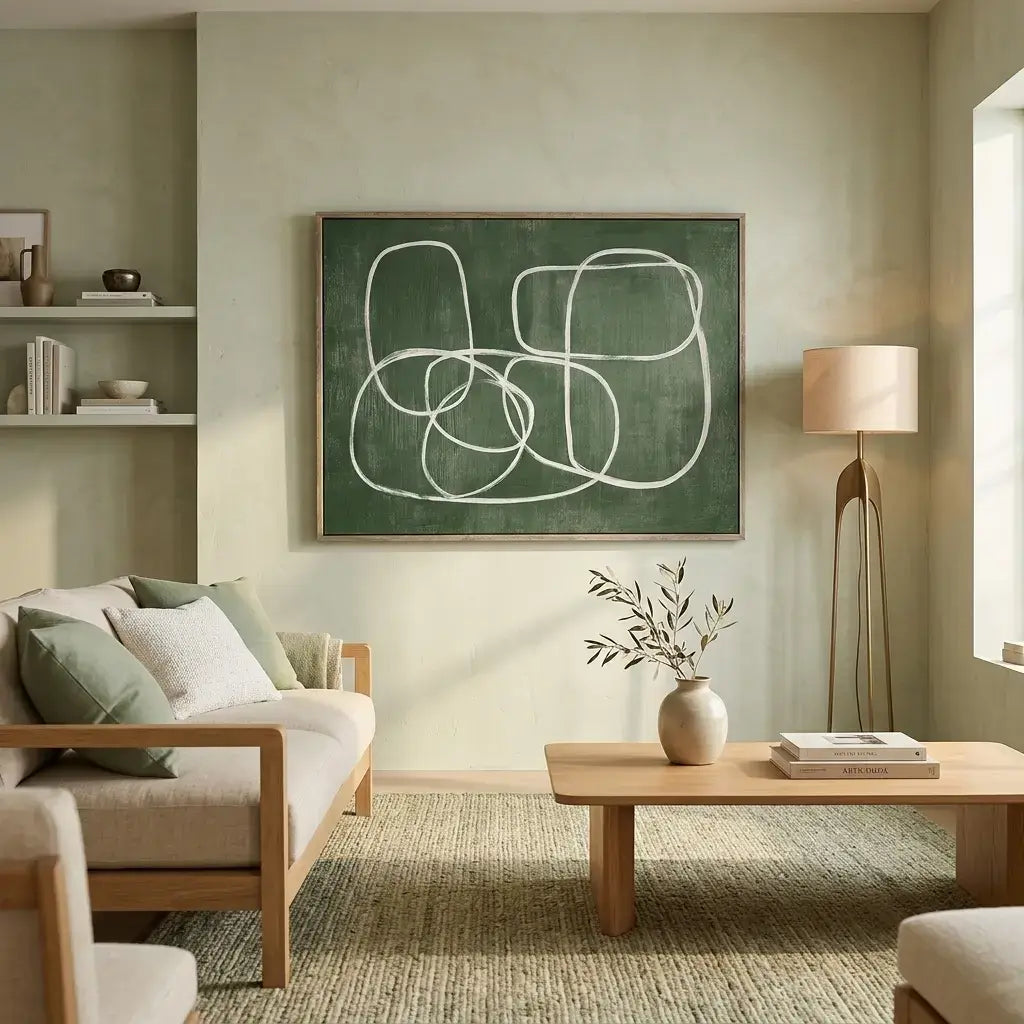 Modern living room with a sofa, coffee table, and abstract art on the wall.