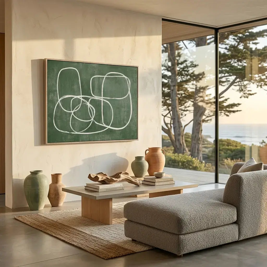 Modern living room with a large window view, gray sofa, and decorative vases.