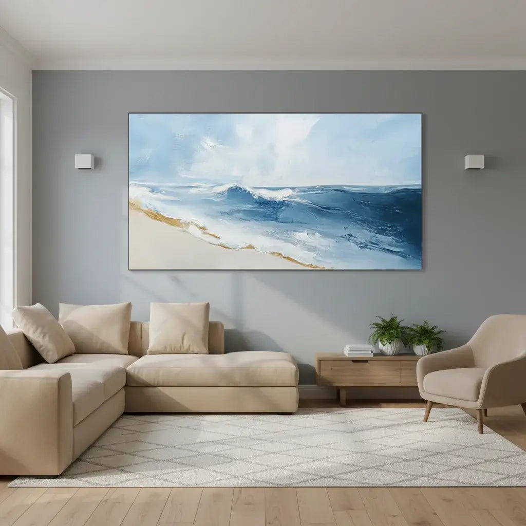 Modern living room with a large beach scene painting on the wall.