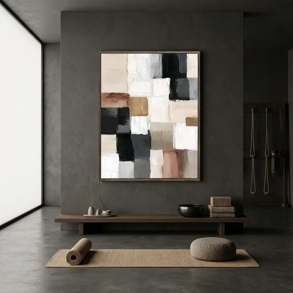 Abstract wall art in a modern interior setting with a bench and decor items.