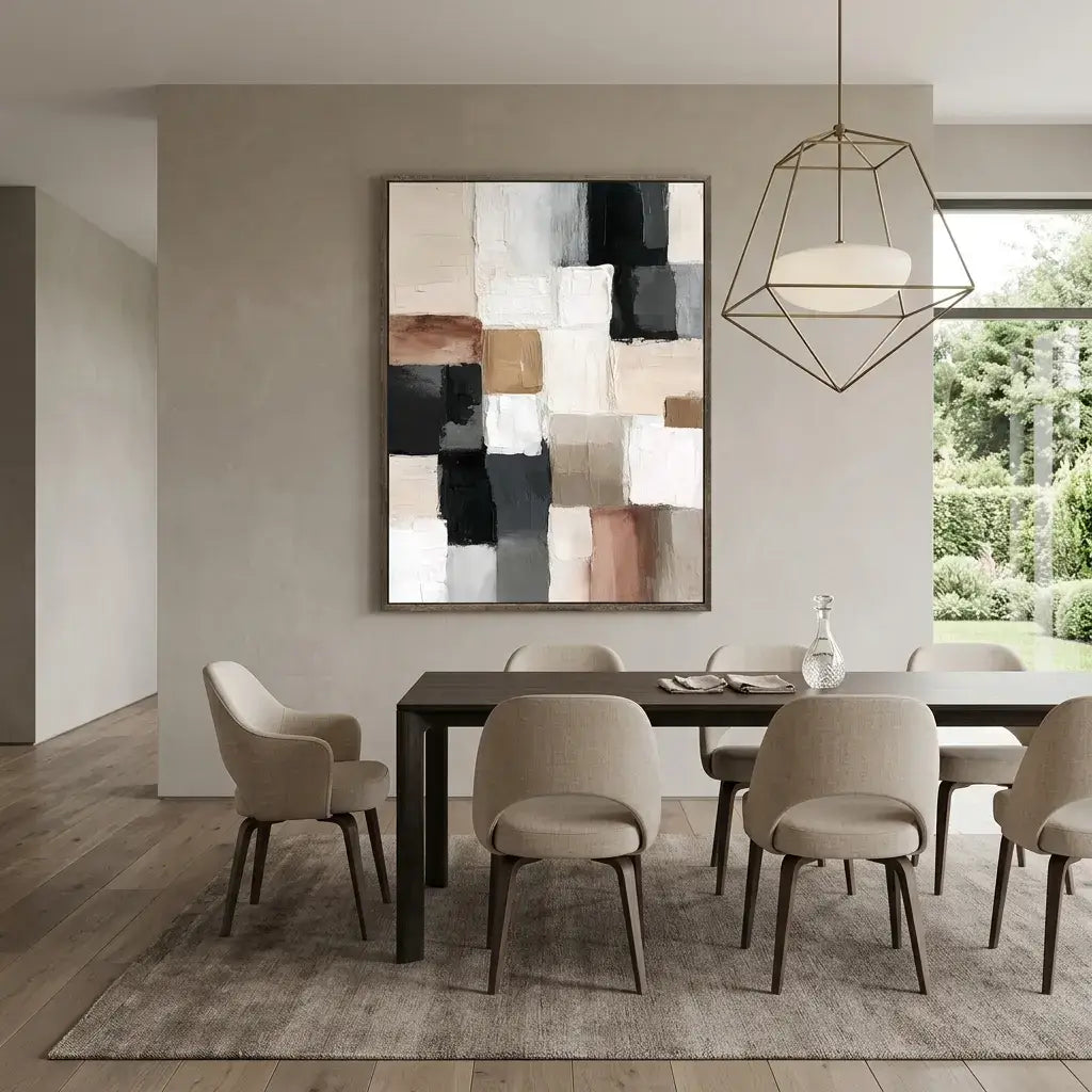 Modern dining room with a abstract art piece on the wall, a dining table, and chairs.