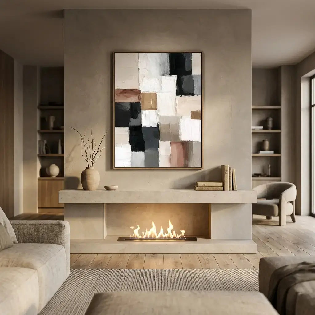 Modern living room with a fireplace, abstract wall art, and comfortable furniture.