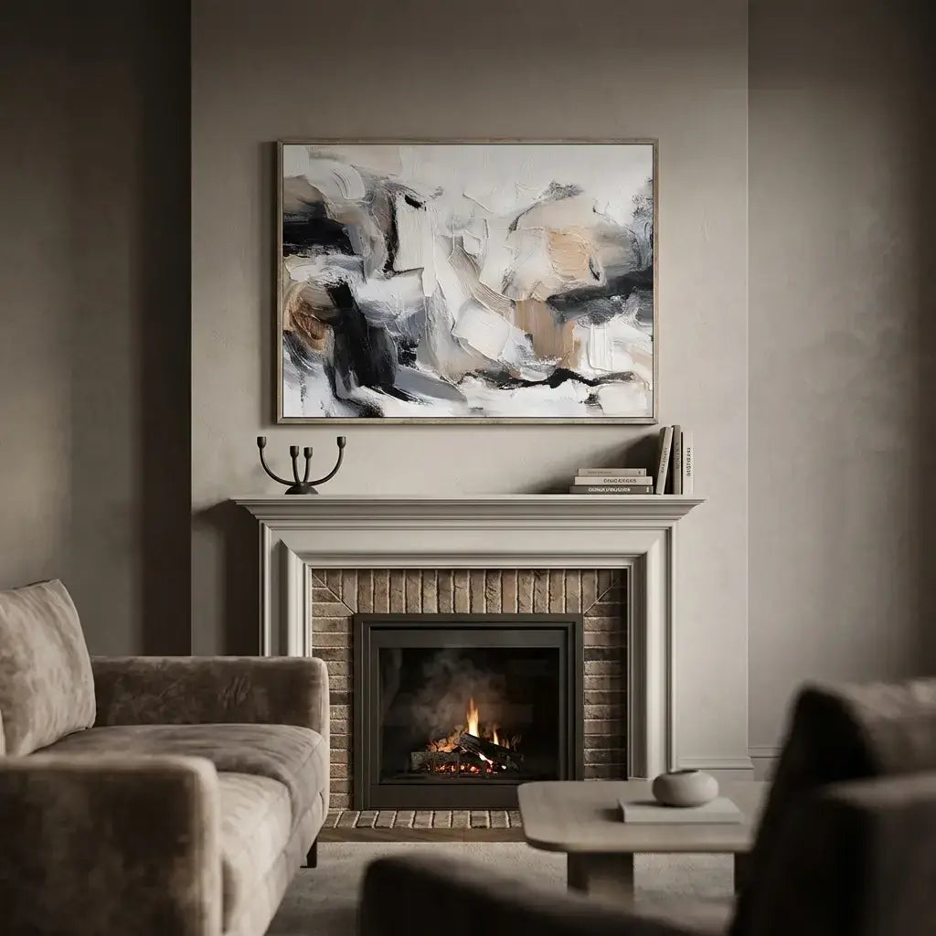 Living room with a fireplace, abstract painting above it, and a couch.