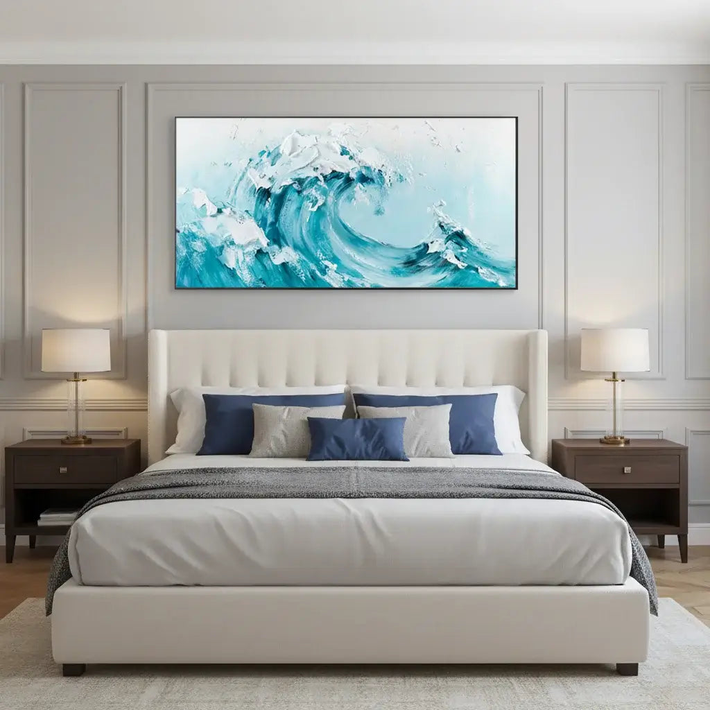 Bedroom with a large bed, nightstands, and a wall art of a blue wave.